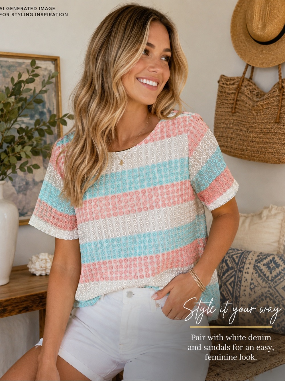 Entro Embroidered Eyelet Stripe Blouse Coral Aqua White Size Large